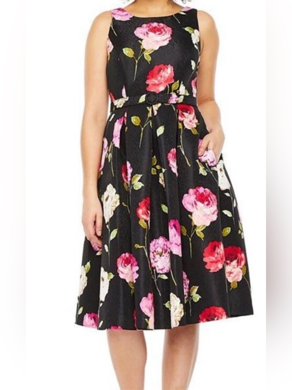 Danny & Nicole Black Floral Midi Dress with Pink & Red Roses